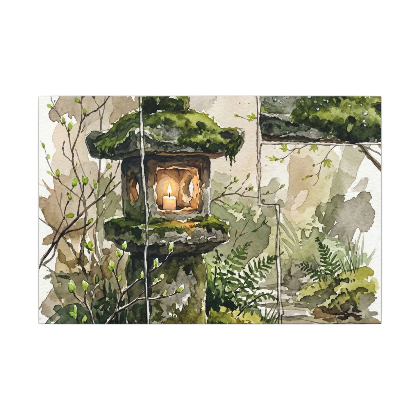Stone Lantern Watercolor Canvas Art | Elegant Japandi Art