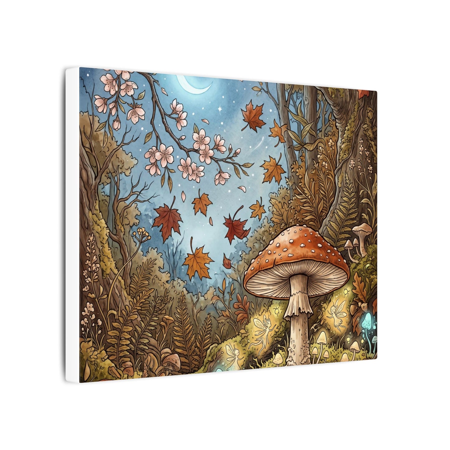Autumn Cherry Blossom Mushroom Illustration Canvas Art | Enchanting Decor