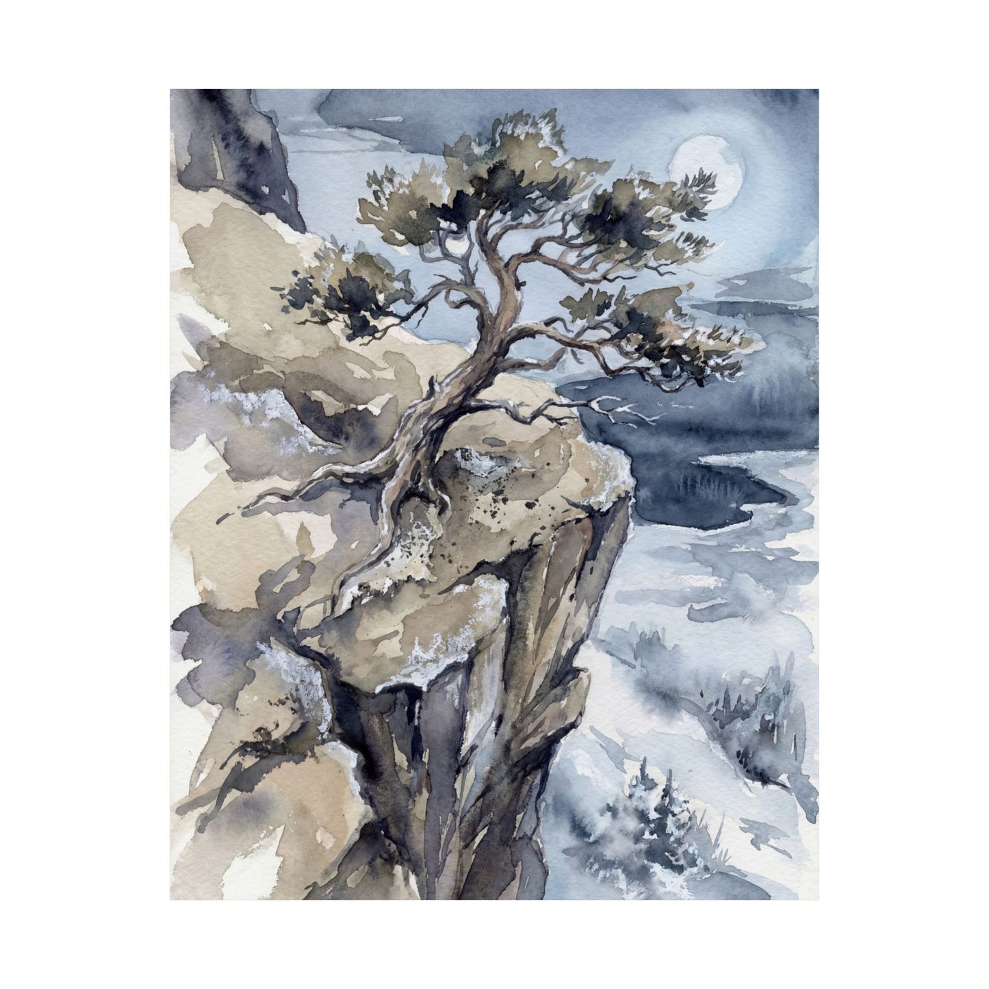 Japandi Pine Tree in Moonlight | Watercolor Wall Art Print