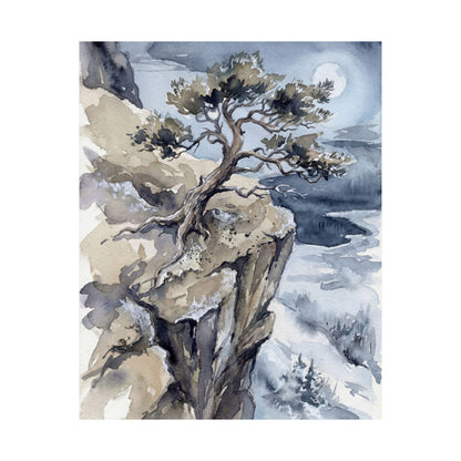 Japandi Pine Tree in Moonlight | Watercolor Wall Art Print