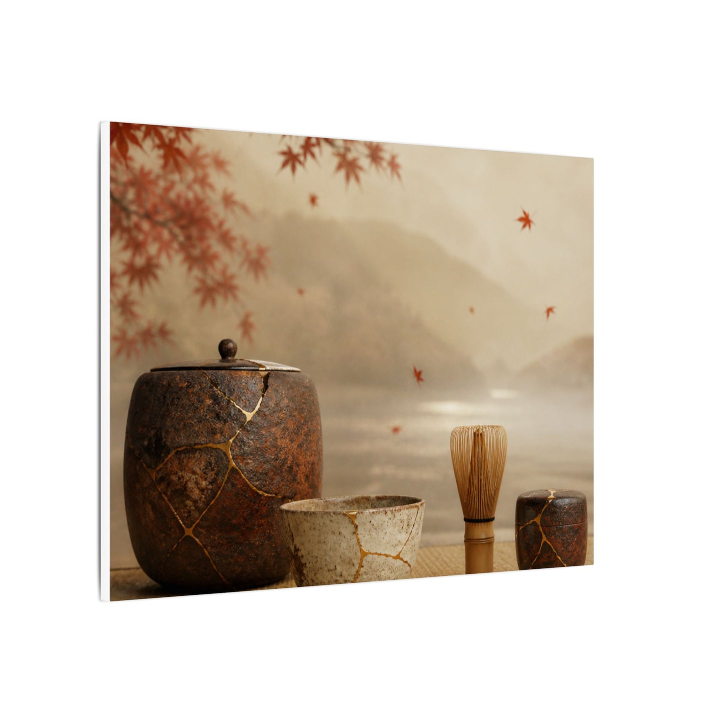 Tea Ceremony Canvas Art | Autumn Kintsugi Gold Vein Art
