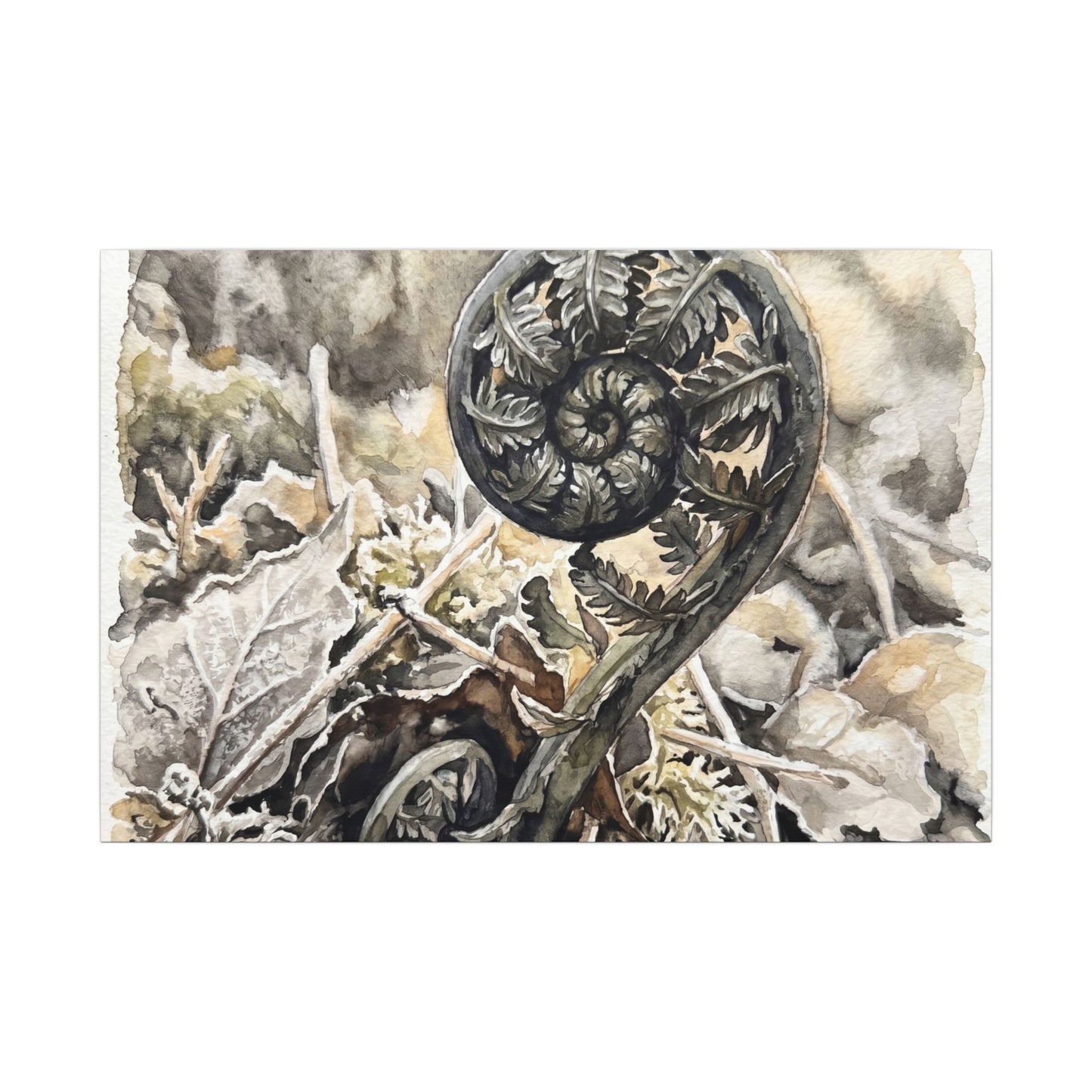 Japandi Fern Unfurling in Golden Hour | Watercolor Canvas Art