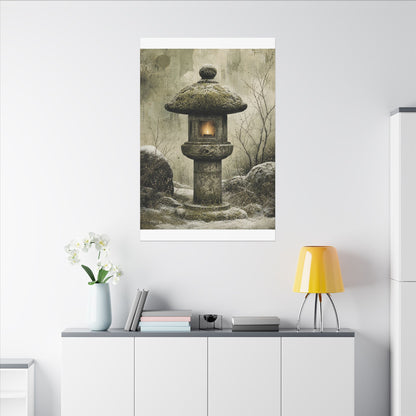 Stone Lantern Winter Canvas Art | Japandi Neutral Design