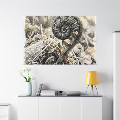 Japandi Fern Unfurling in Golden Hour | Watercolor Canvas Art