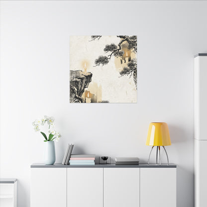 Japandi Pine Tree in Candlelight | Japanese Pattern Canvas Art