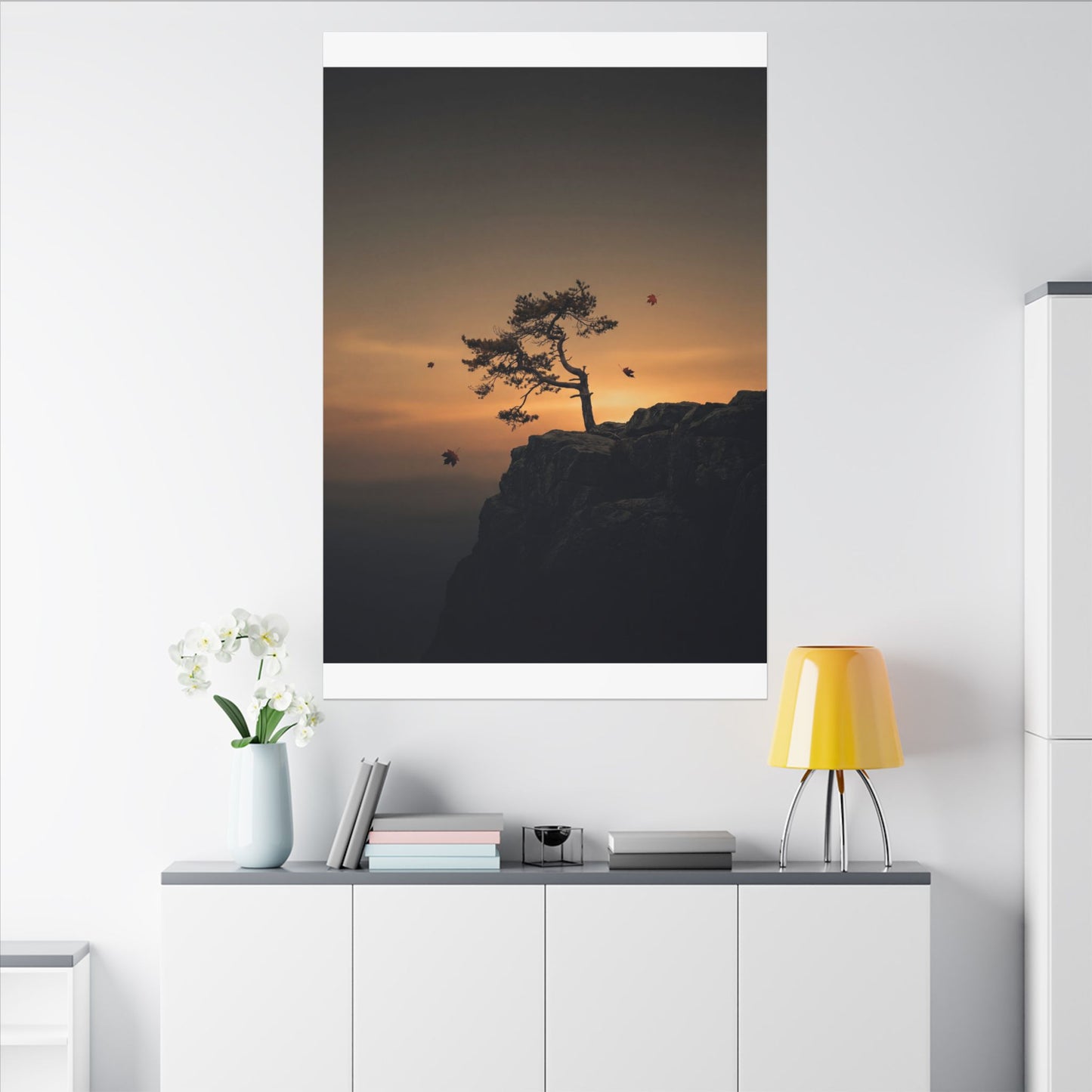 Dark Japandi Pine Tree in Golden Hour | Moody Minimal Canvas Art