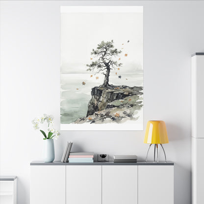 Japandi Pine Tree in Overcast | Watercolor Canvas Art