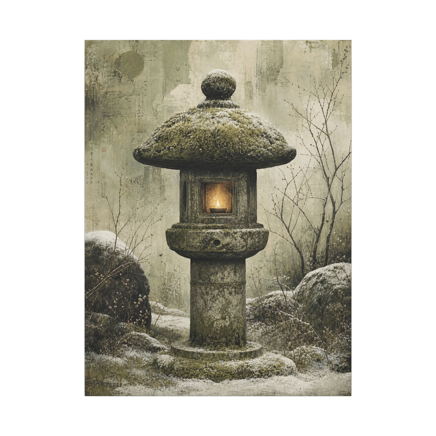Stone Lantern Winter Canvas Art | Japandi Neutral Design