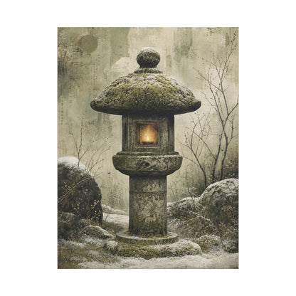 Stone Lantern Winter Canvas Art | Japandi Neutral Design