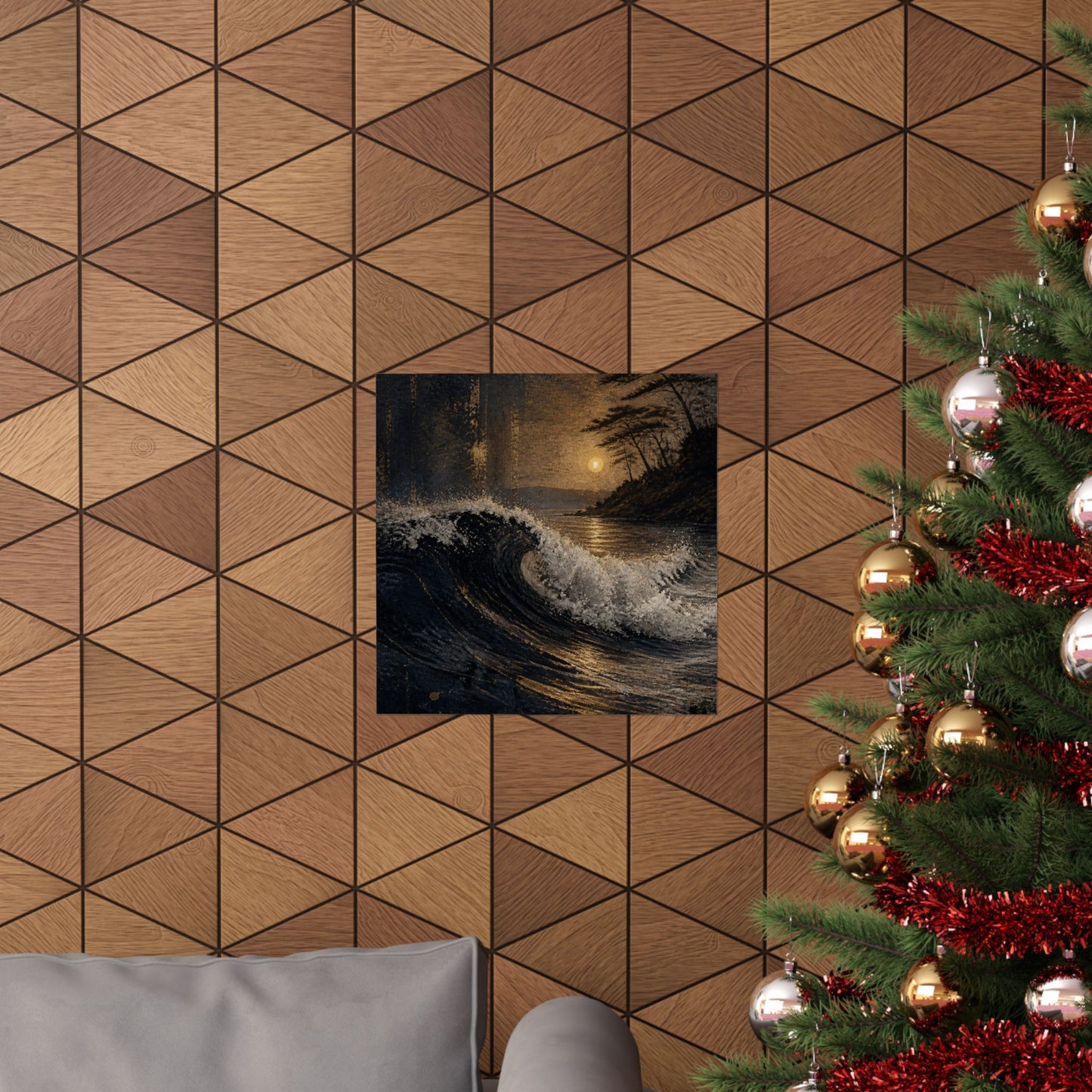 Dark Japandi Ocean Wave in Golden Hour | Dark Texture Wall Art Print