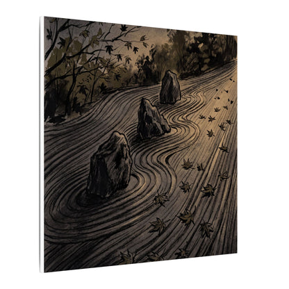 Rock Garden Canvas Art | Autumn Dark Japandi Charcoal Ink Art