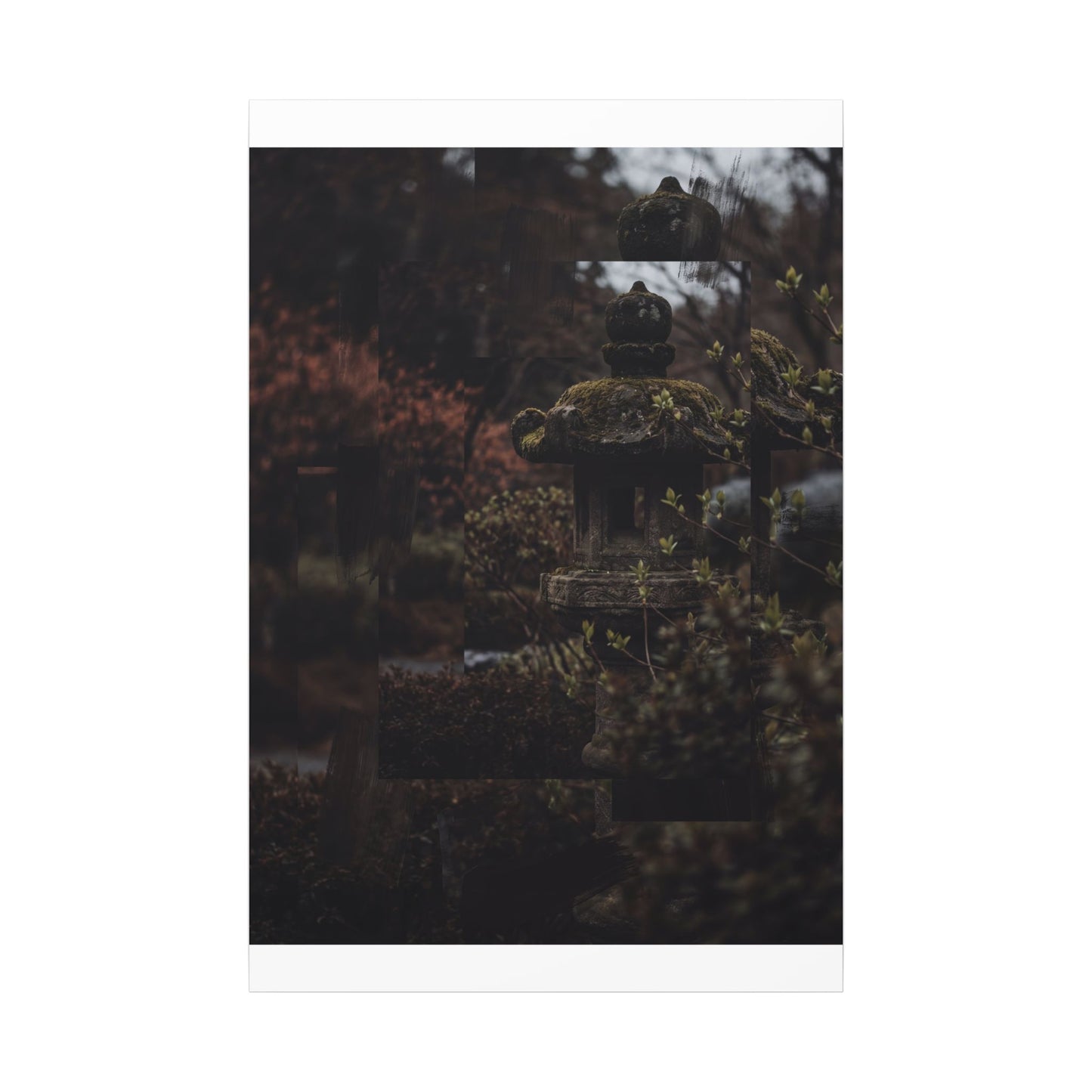 Stone Lantern Spring Canvas Art | Dark Japandi Bold Design