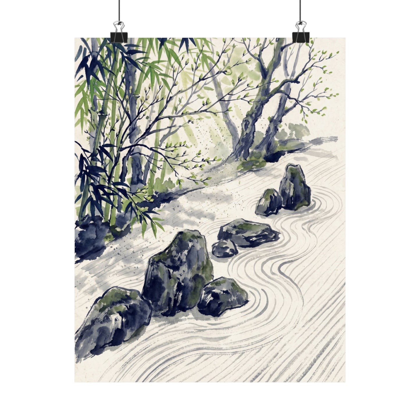 Zen Rock Garden in Dappled | Sumi E Wall Art Print