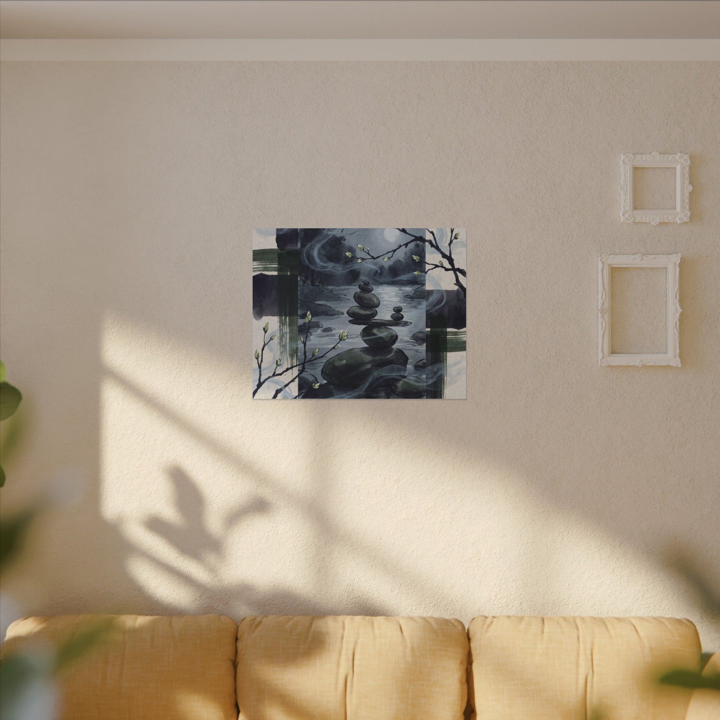 Moonlight River Stones Canvas Art - Zen Shibui