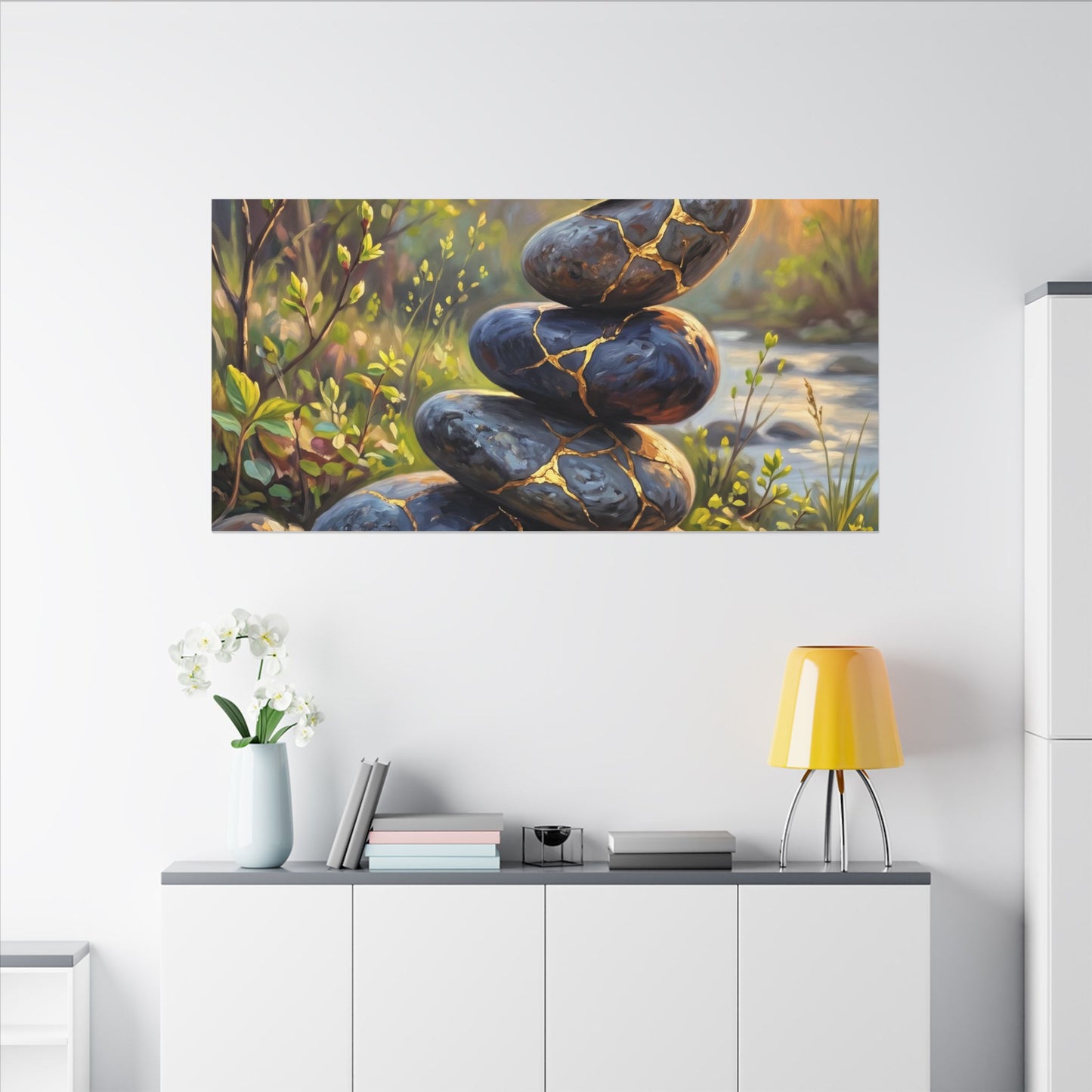 Spring River Stones Gold Repair Canvas Art | Healing Decor