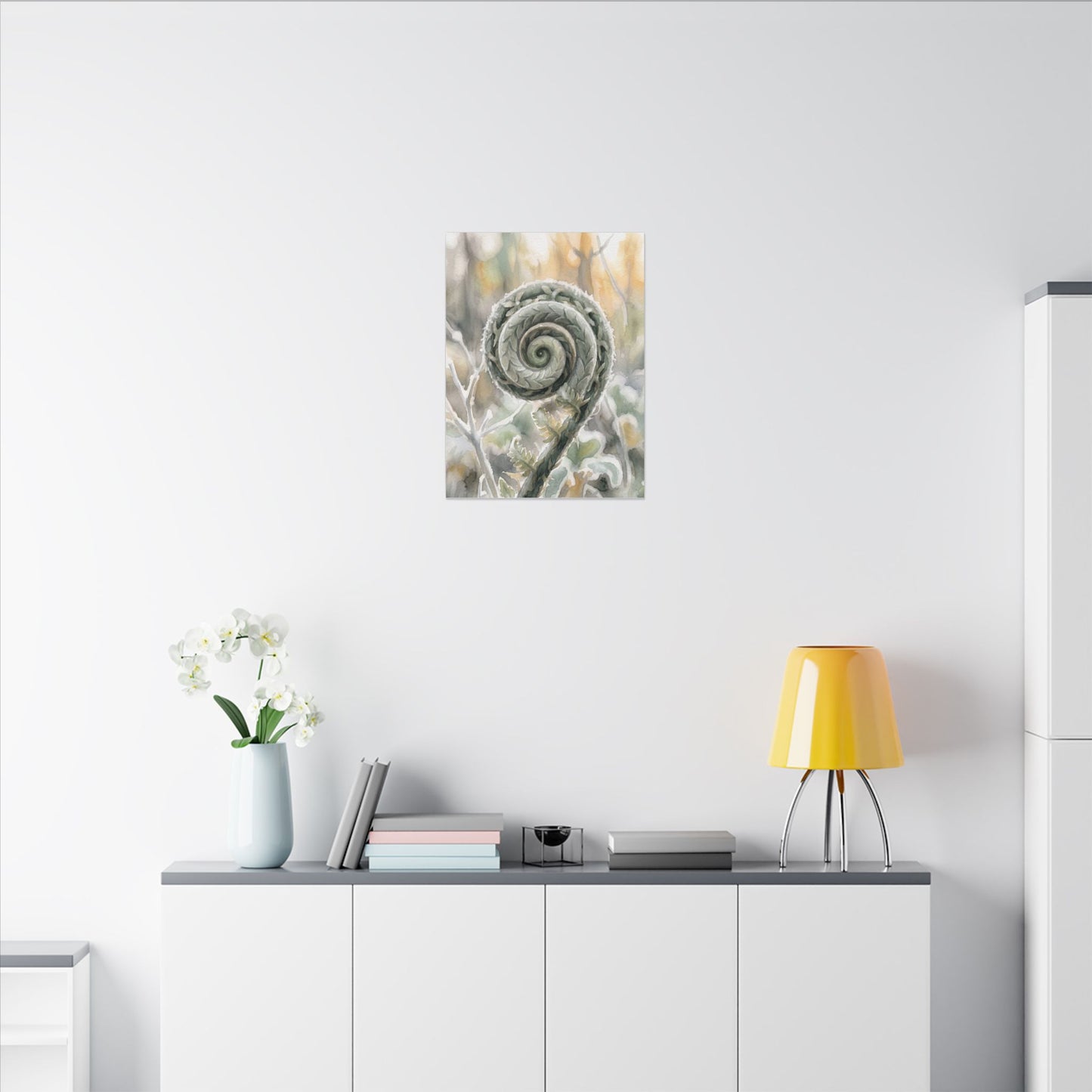 Winter Fern Unfurling Watercolor Canvas Art | Cozy Decor