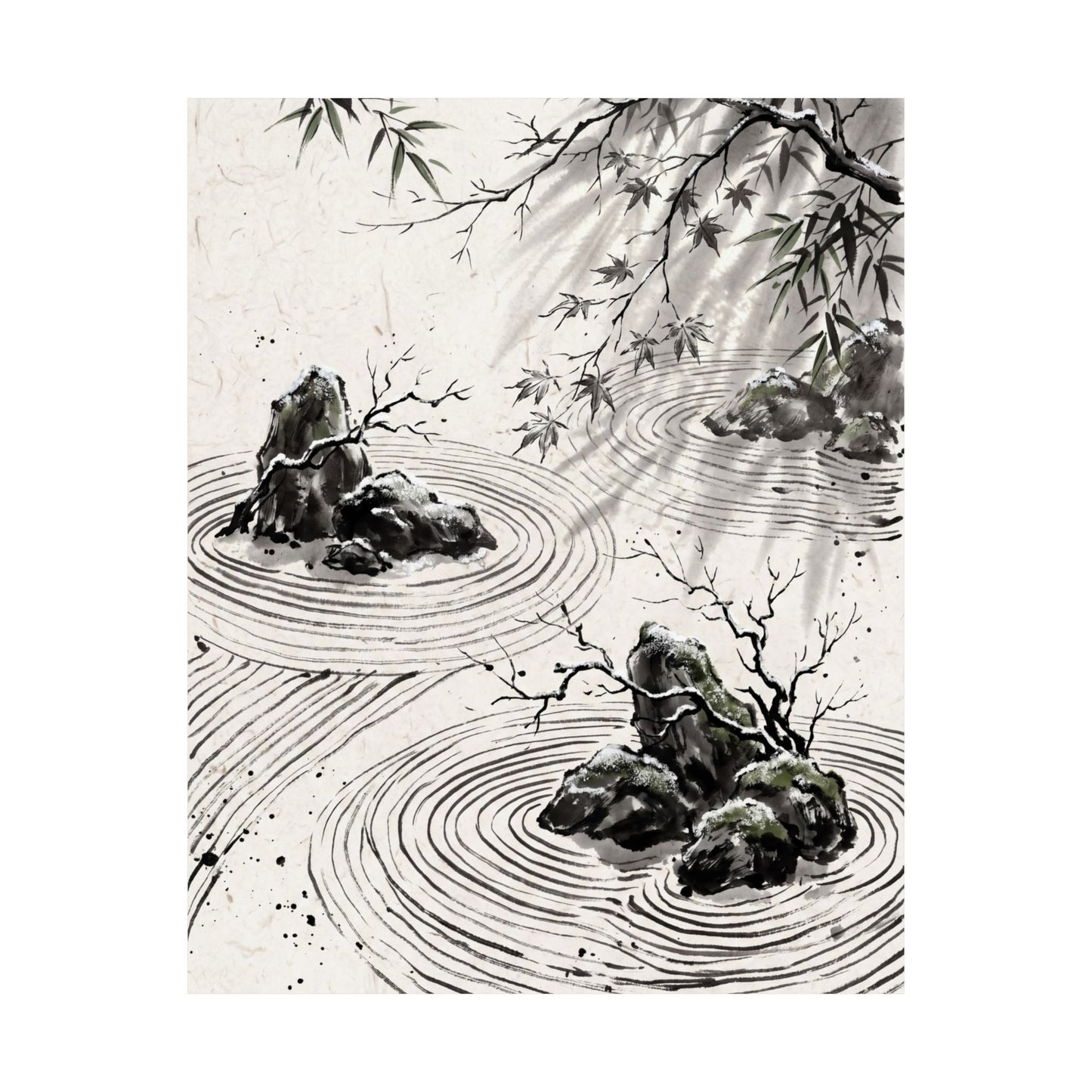 Winter Rock Garden Sumi E Wall Art Print | Serene Decor