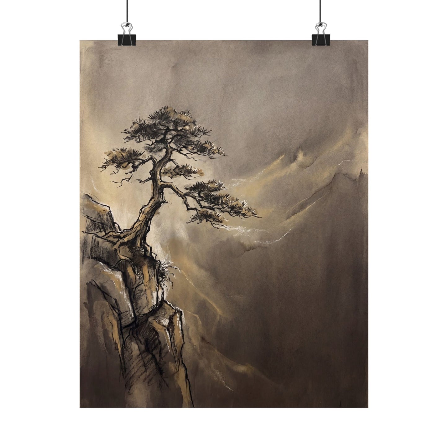 Golden Hour Pine Tree Wall Art Print - Dark Japandi Ma Art Print