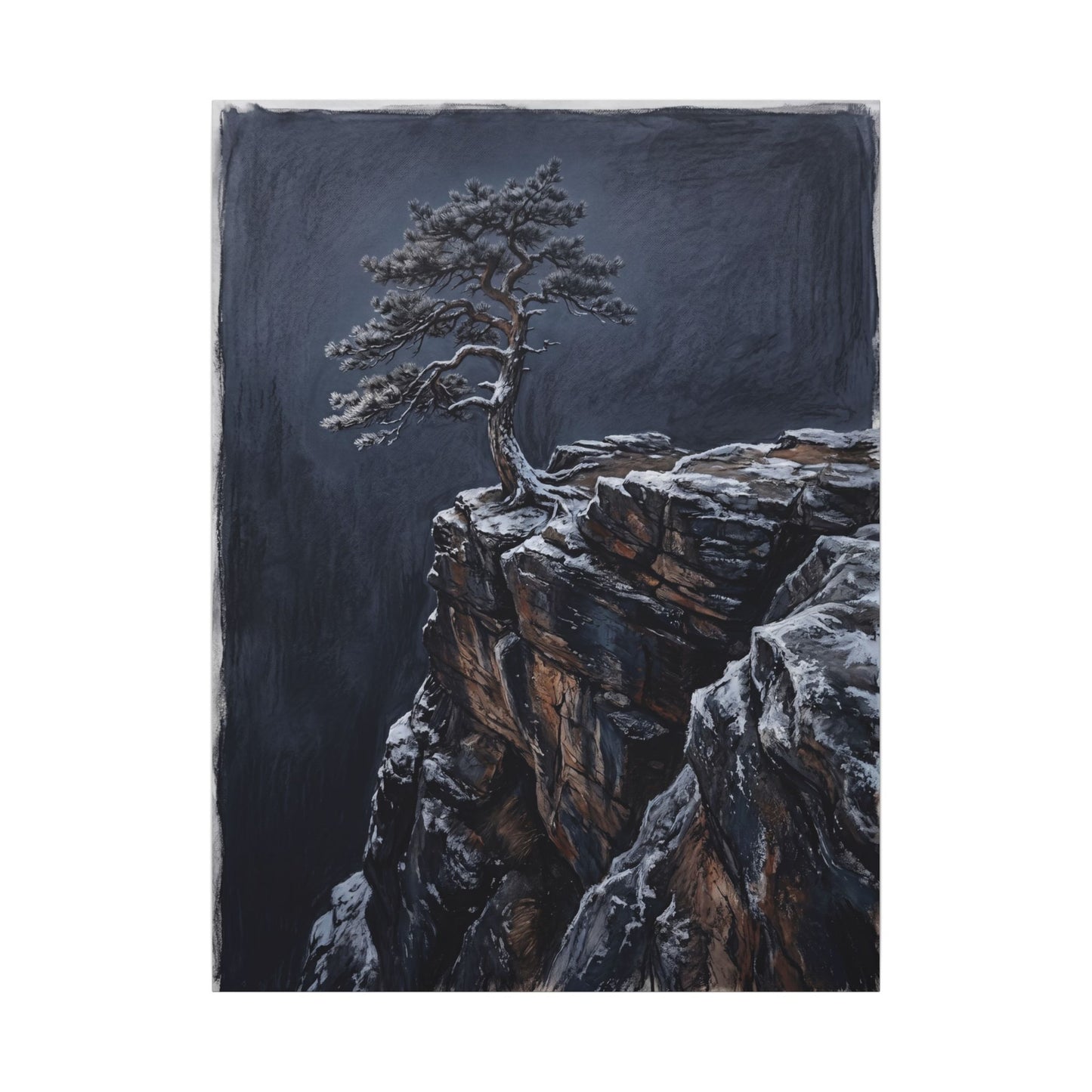 Dark Japandi Pine Tree in Dawn | Dark Texture Canvas Art