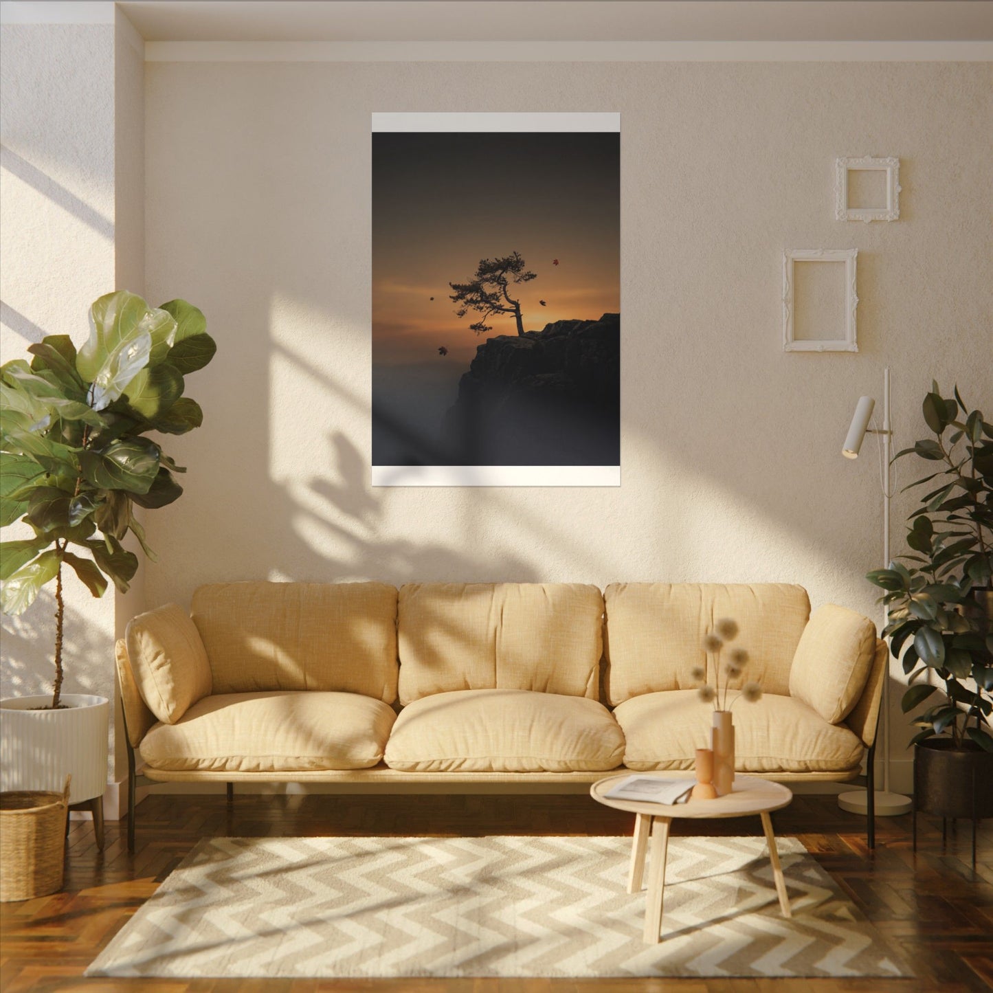 Dark Japandi Pine Tree in Golden Hour | Moody Minimal Canvas Art