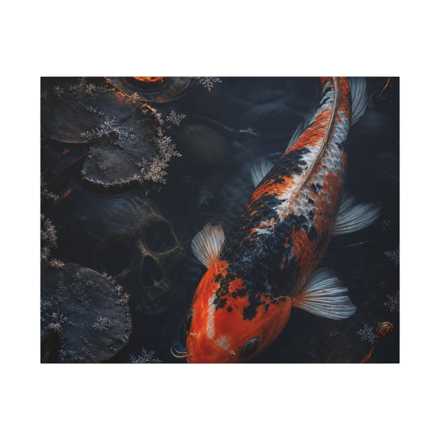Koi Pond Canvas Art | Winter Dark Japandi Shadow Zen Art