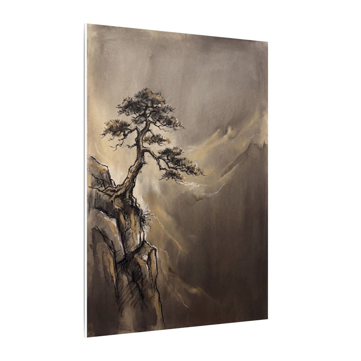 Pine Tree Charcoal Ink Canvas Art | Luxurious Dark Japandi Art