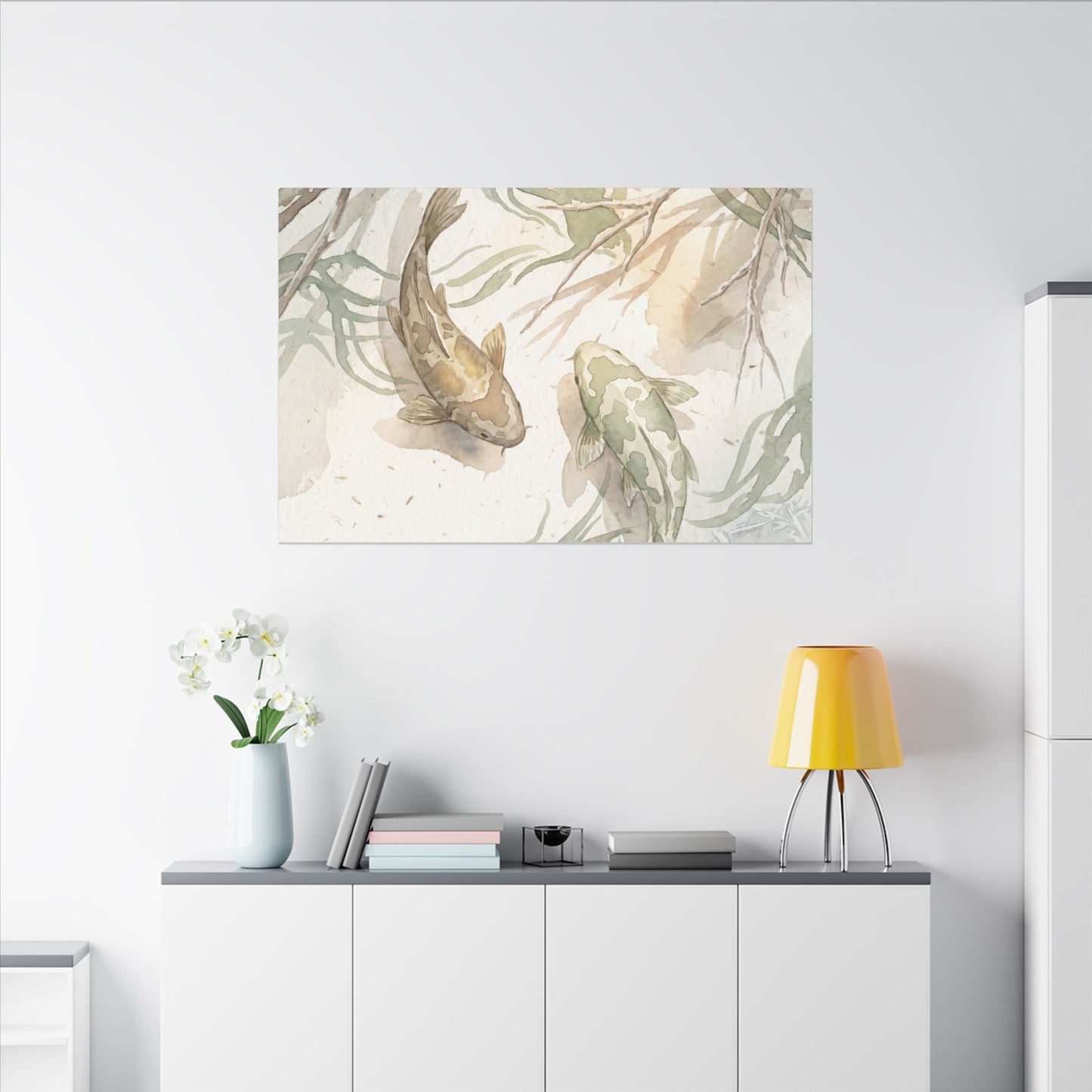 Koi Pond Canvas Art | Winter Japandi Watercolor Art