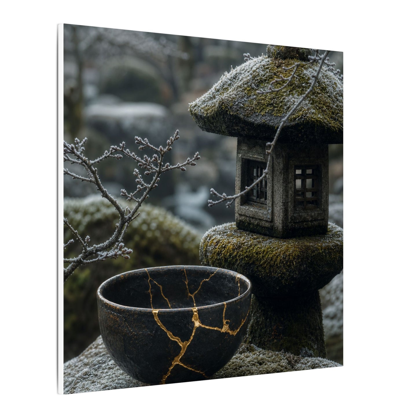 Stone Lantern Canvas Art | Winter Kintsugi Gold Repair Art