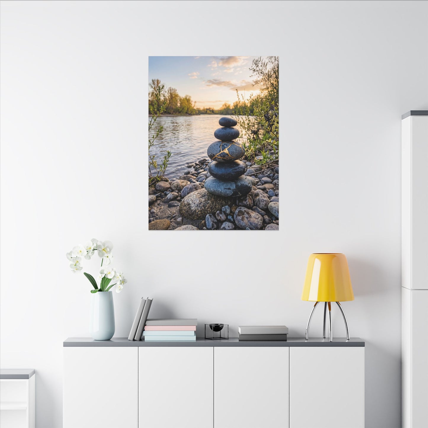 Kintsugi River Stones in Golden Hour | Gold Vein Canvas Art
