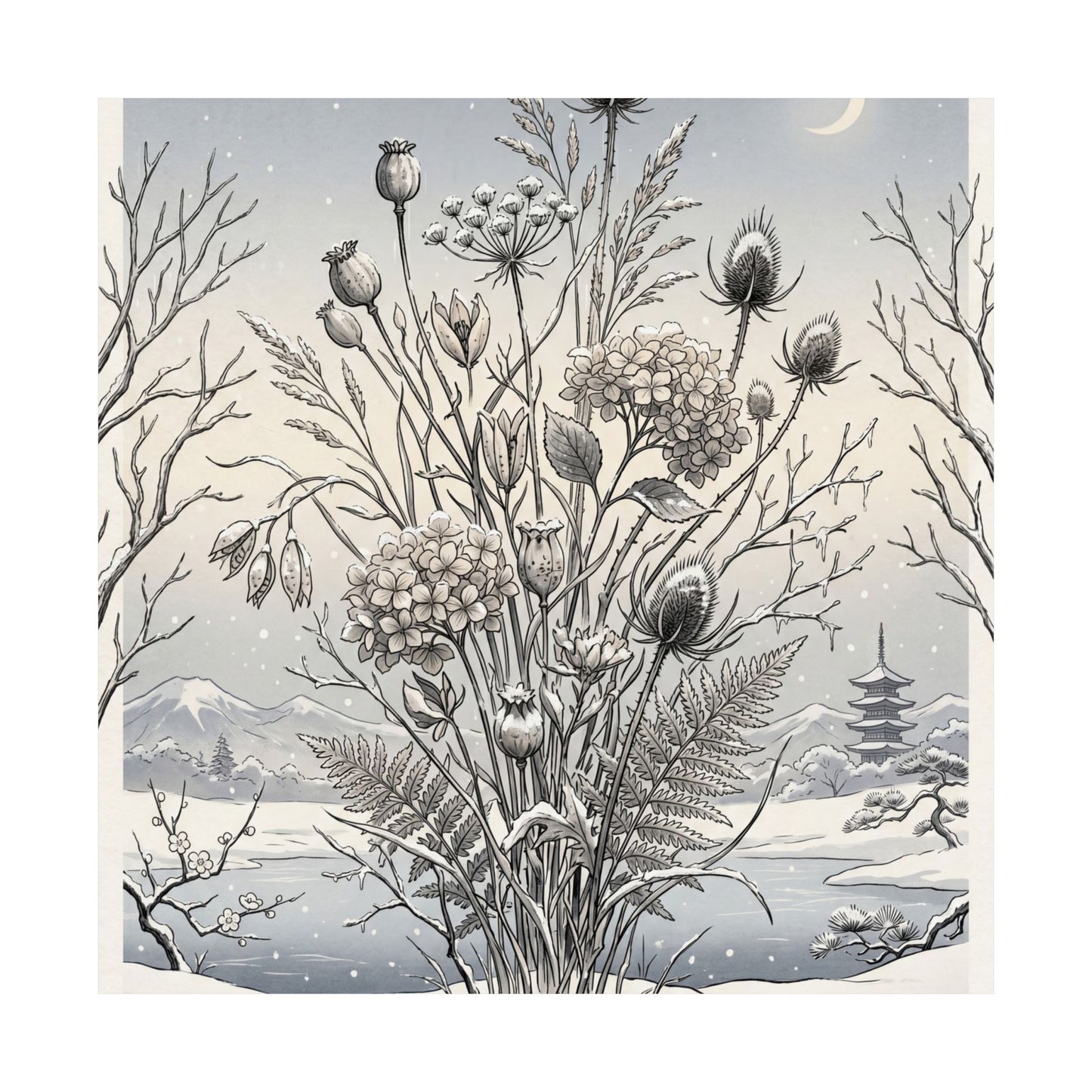 Zen Dried Flowers in Dawn | Ukiyo E Inspired Wall Art Print