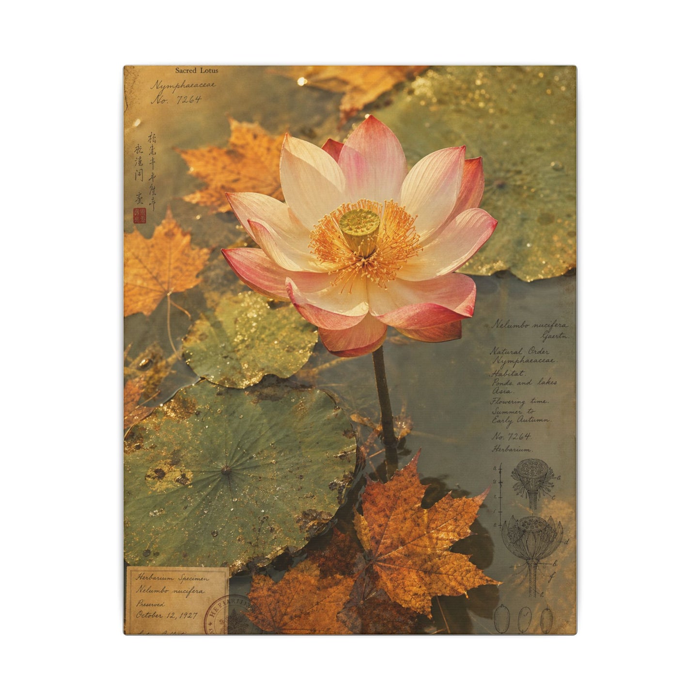 Autumn Lotus Flower Herbarium Canvas Art | Rustic Decor