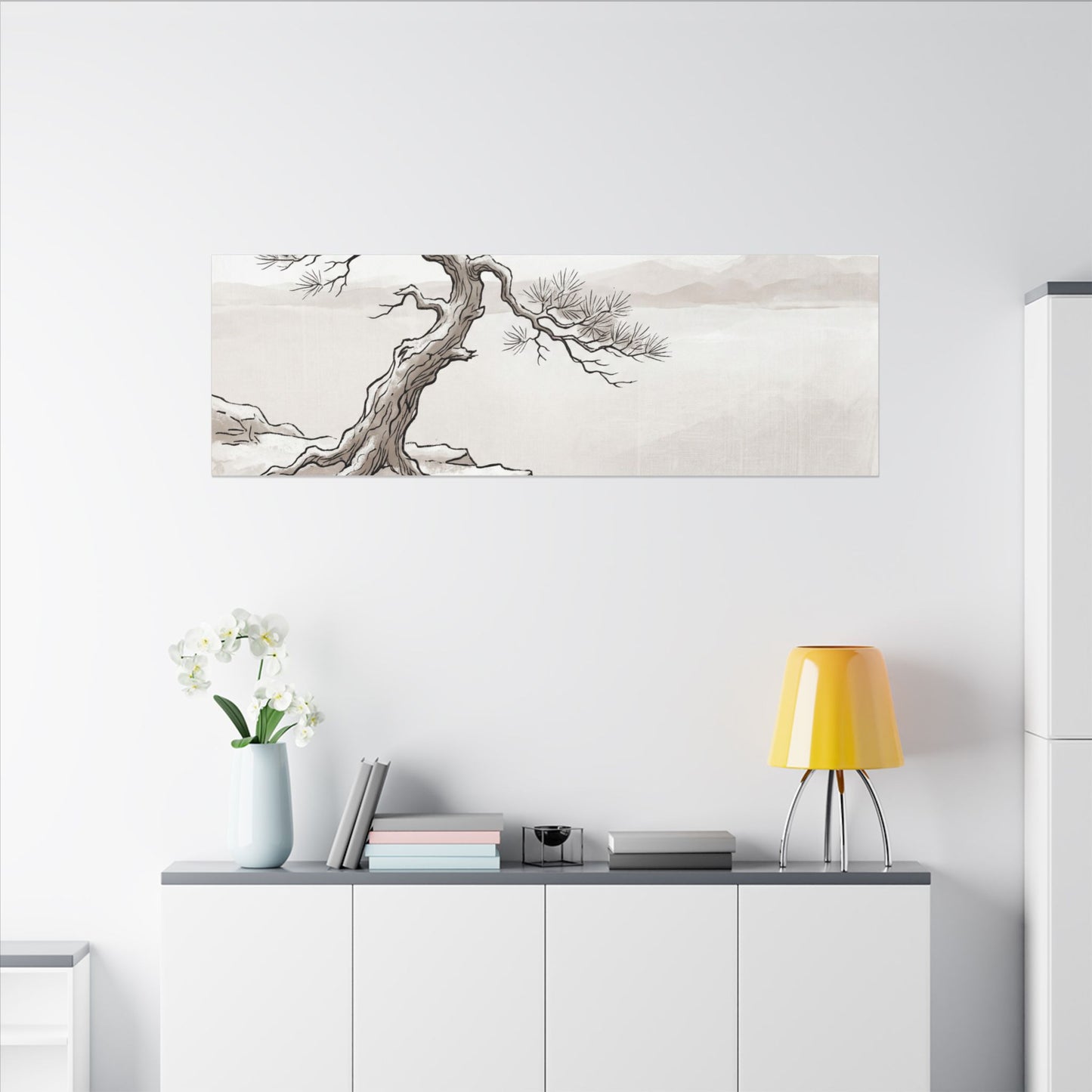 Neutral Pine Tree Canvas Art - Minimal Line Japandi