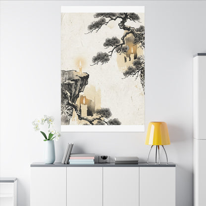 Japandi Pine Tree in Candlelight | Japanese Pattern Canvas Art