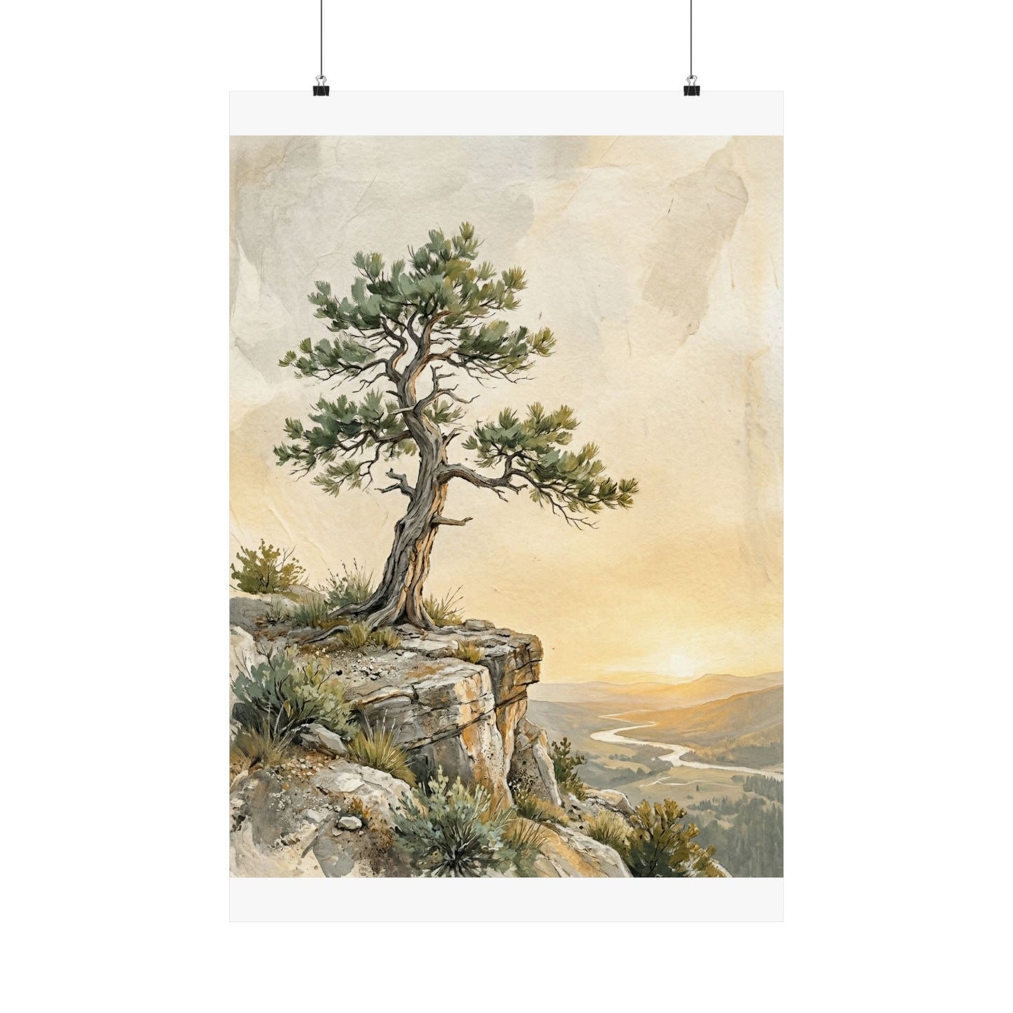 Golden Hour Pine Tree Wall Art Print - Japandi Mono No Aware