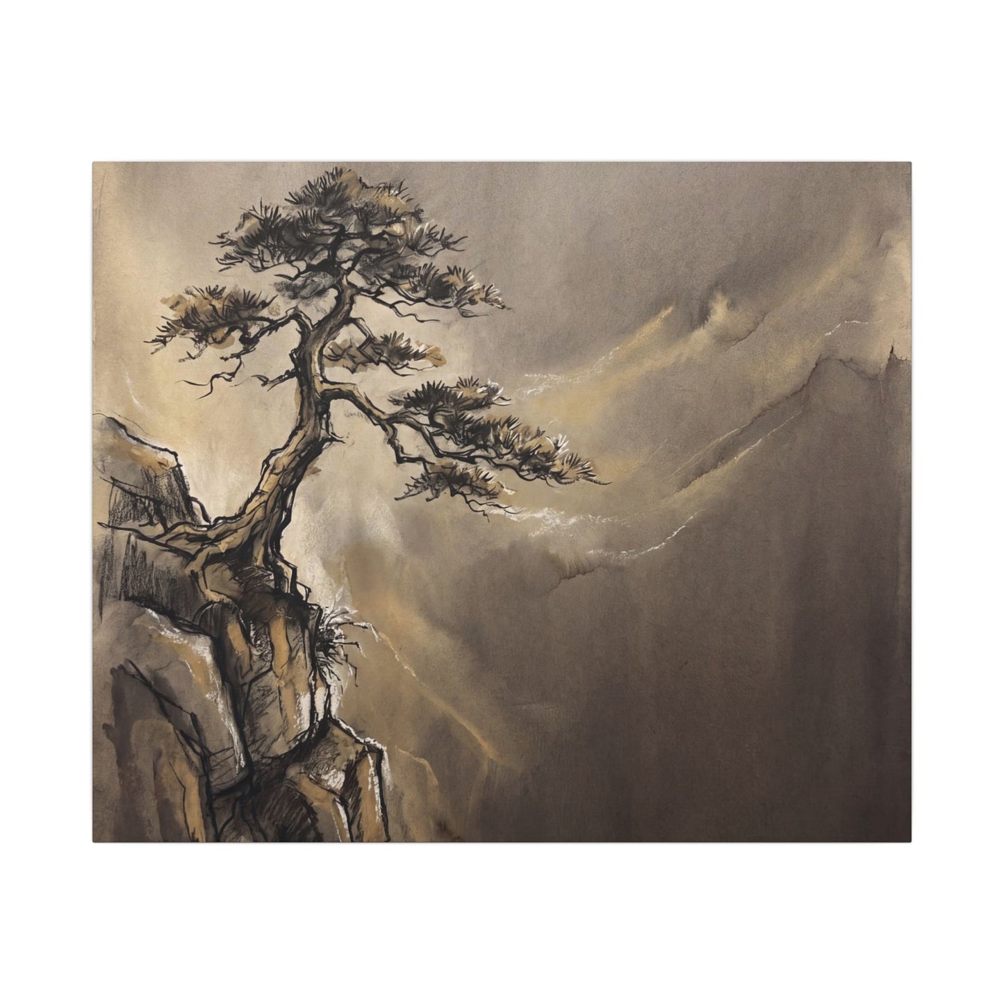 Pine Tree Charcoal Ink Canvas Art | Luxurious Dark Japandi Art