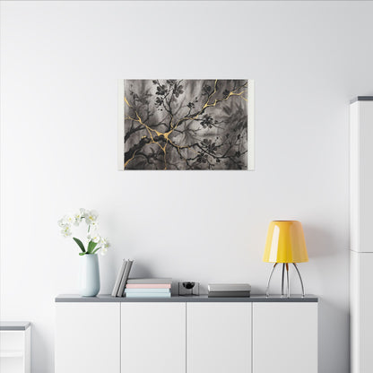 Kanso Cherry Blossom Canvas Art - Kintsugi Crackle Gold