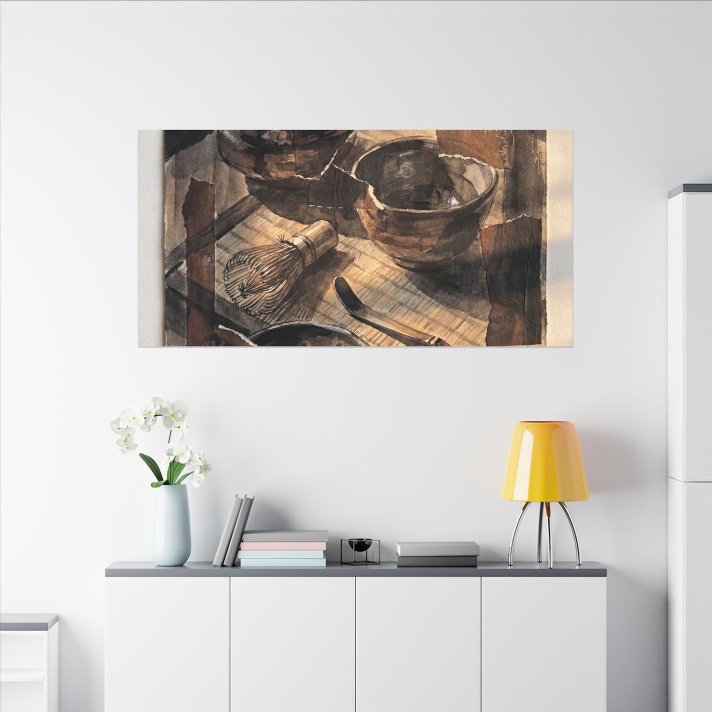 Tea Ceremony Charcoal Ink Canvas Art | Luxurious Dark Japandi Art