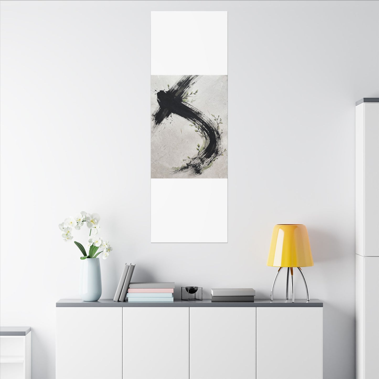 Ink Brushstroke Spring Canvas Art | Dark Japandi Sophisticated Design