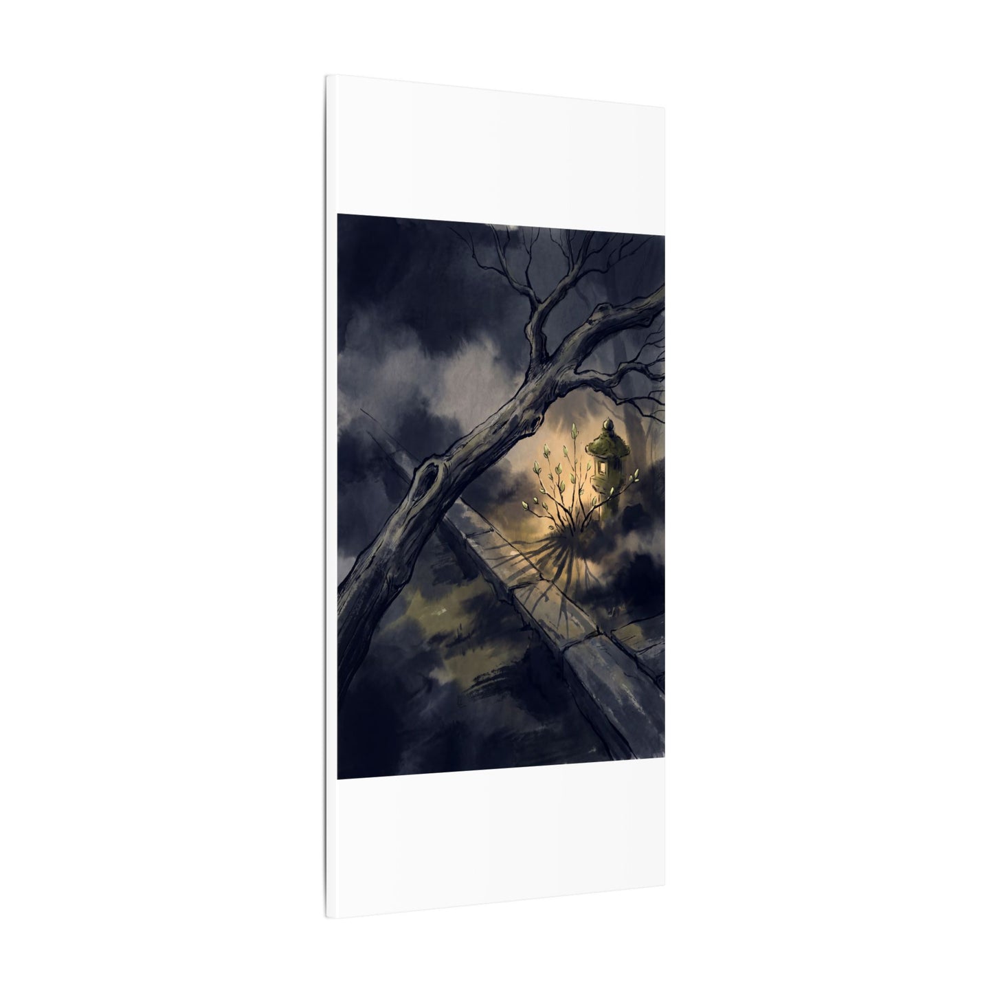 Dark Japandi Moonlit Garden in Golden Hour | Charcoal Ink Canvas Art