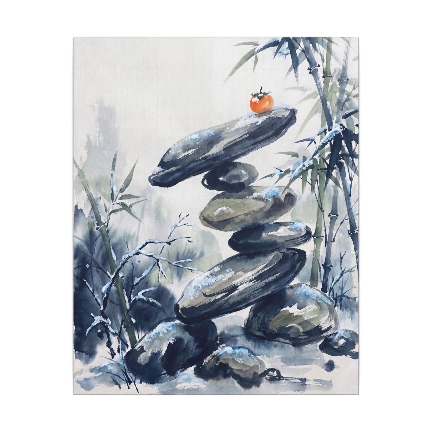 Zen River Stones in Moonlight | Sumi E Canvas Art