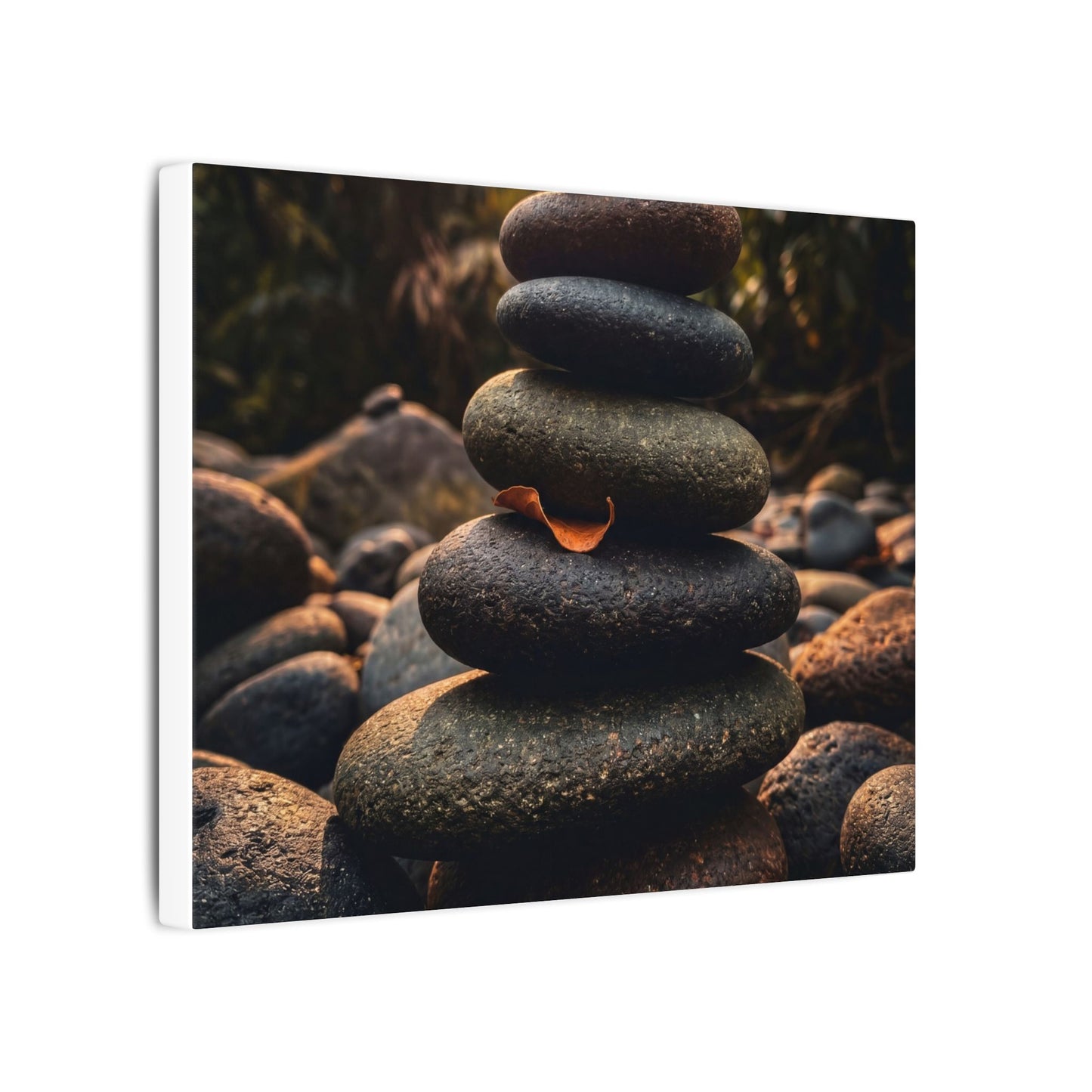 Dark Japandi River Stones in Golden Hour | Moody Minimal Canvas Art