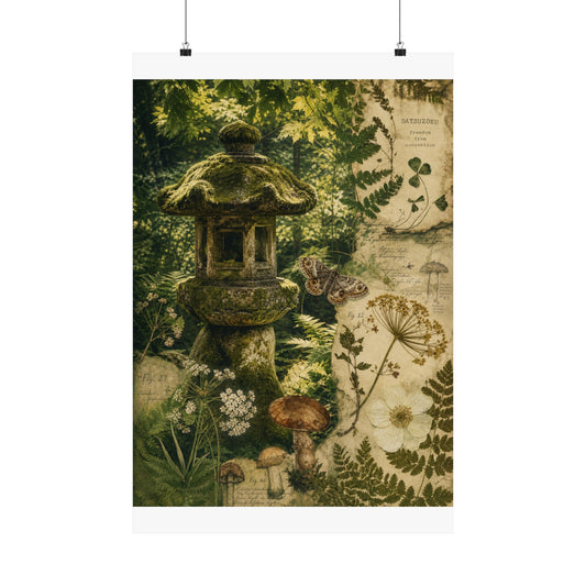 Datsuzoku Stone Lantern Wall Art Print - Cottagecore Herbarium