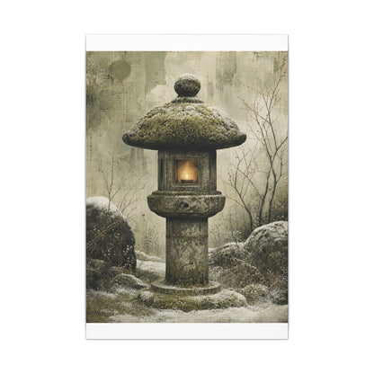 Stone Lantern Winter Canvas Art | Japandi Neutral Design