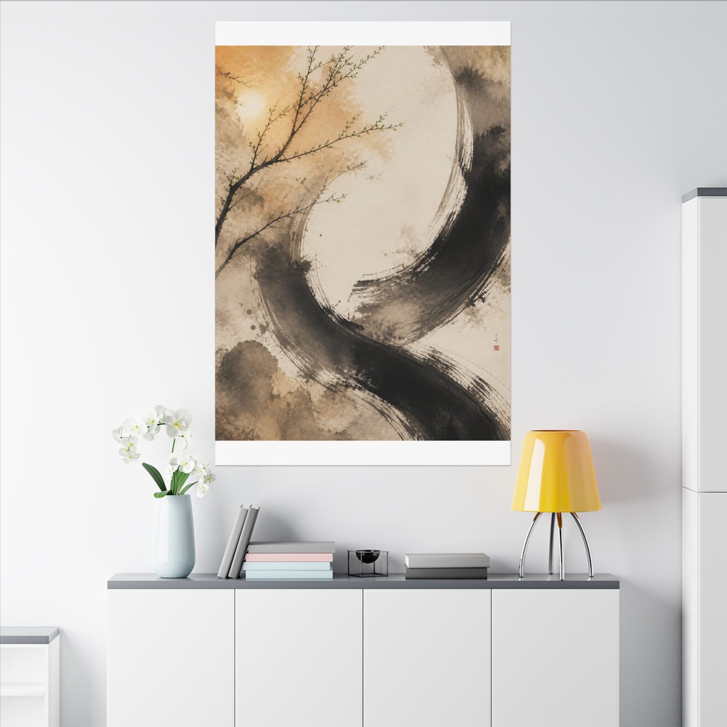 Japandi Ink Brushstroke in Golden Hour | Watercolor Canvas Art