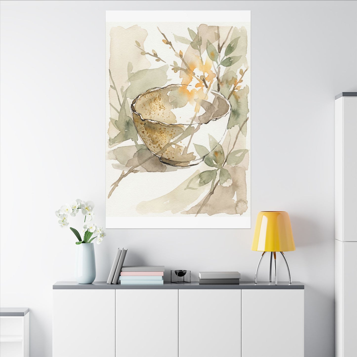 Spring Ceramic Bowl Watercolor Canvas Art | Neutral Decor