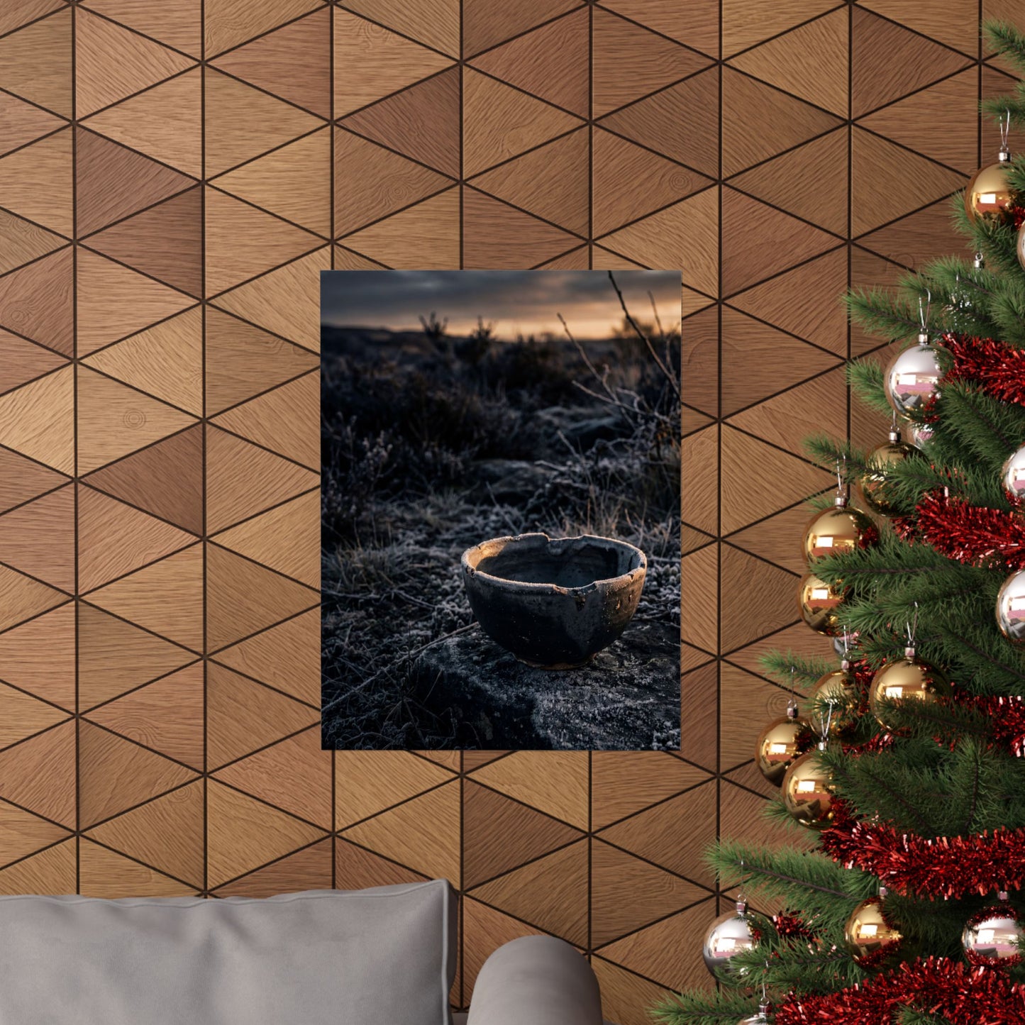 Dark Japandi Ceramic Bowl in Golden Hour | Dark Texture Wall Art Print