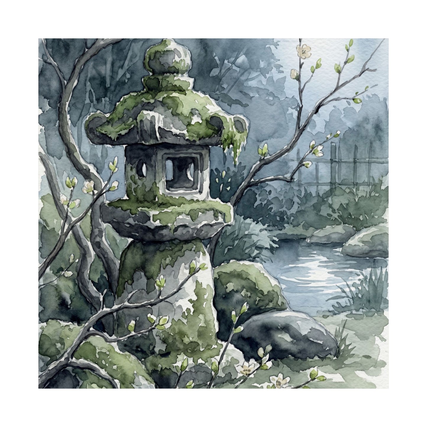 Japandi Stone Lantern in Moonlight | Watercolor Wall Art Print