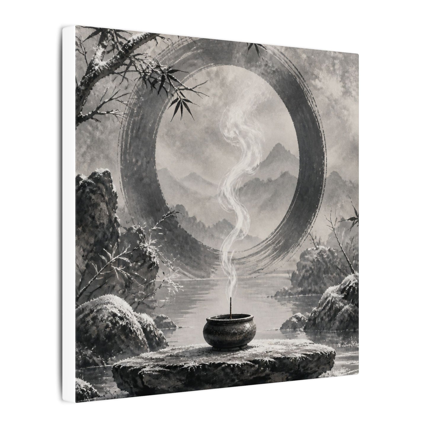 Incense Smoke Canvas Art | Winter Zen Sumi E Art