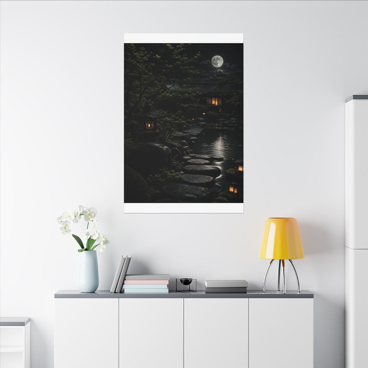 Moonlit Garden Shadow Zen Canvas Art | Sophisticated Dark Japandi Art
