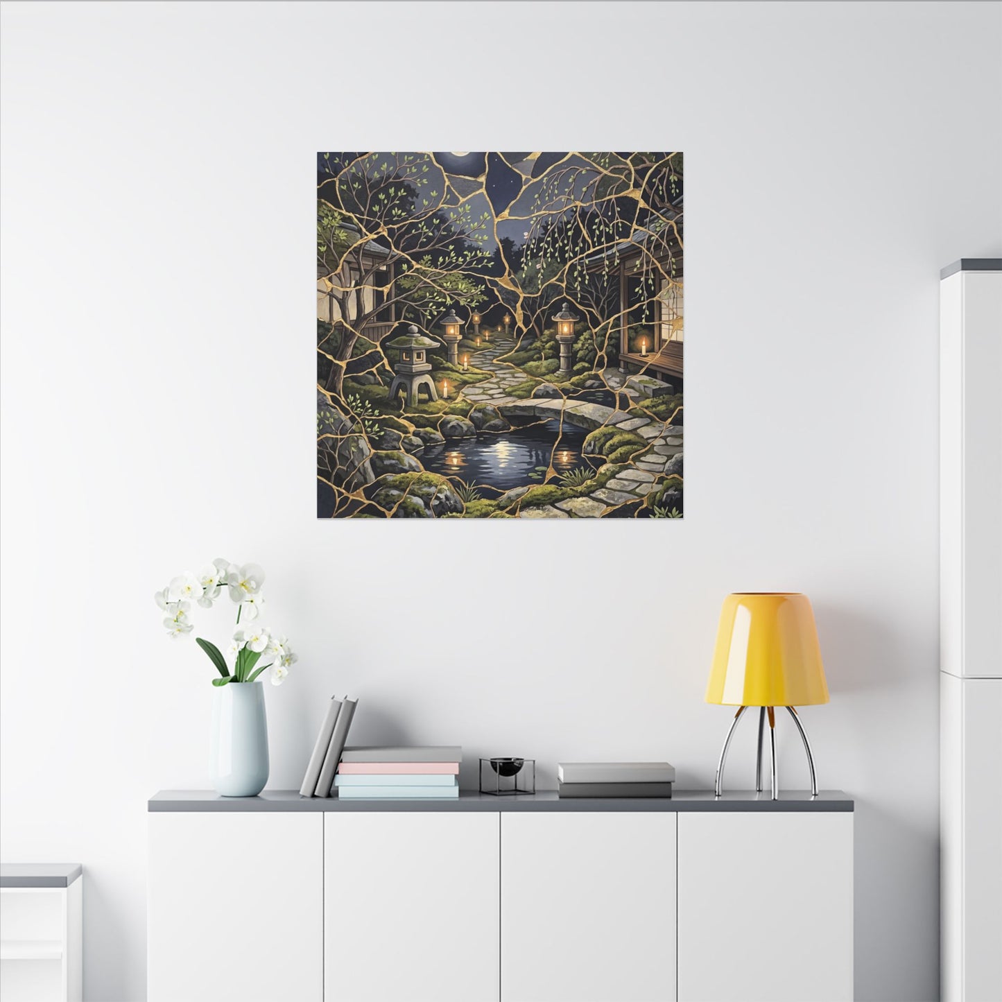 Kintsugi Moonlit Garden in Candlelight | Gold Vein Canvas Art